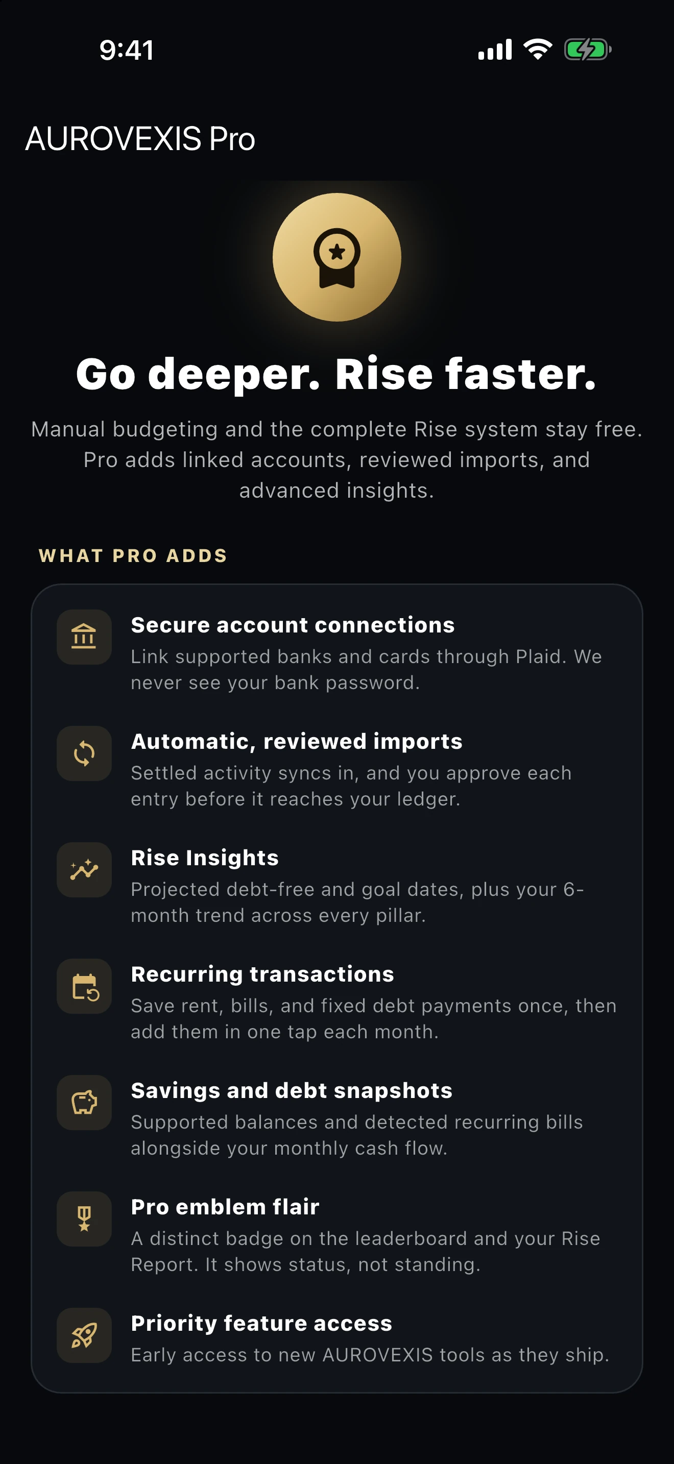 AUROVEXIS Pro development screen showing linked accounts, reviewed imports, Rise Insights, recurring transactions, and savings and debt snapshots.